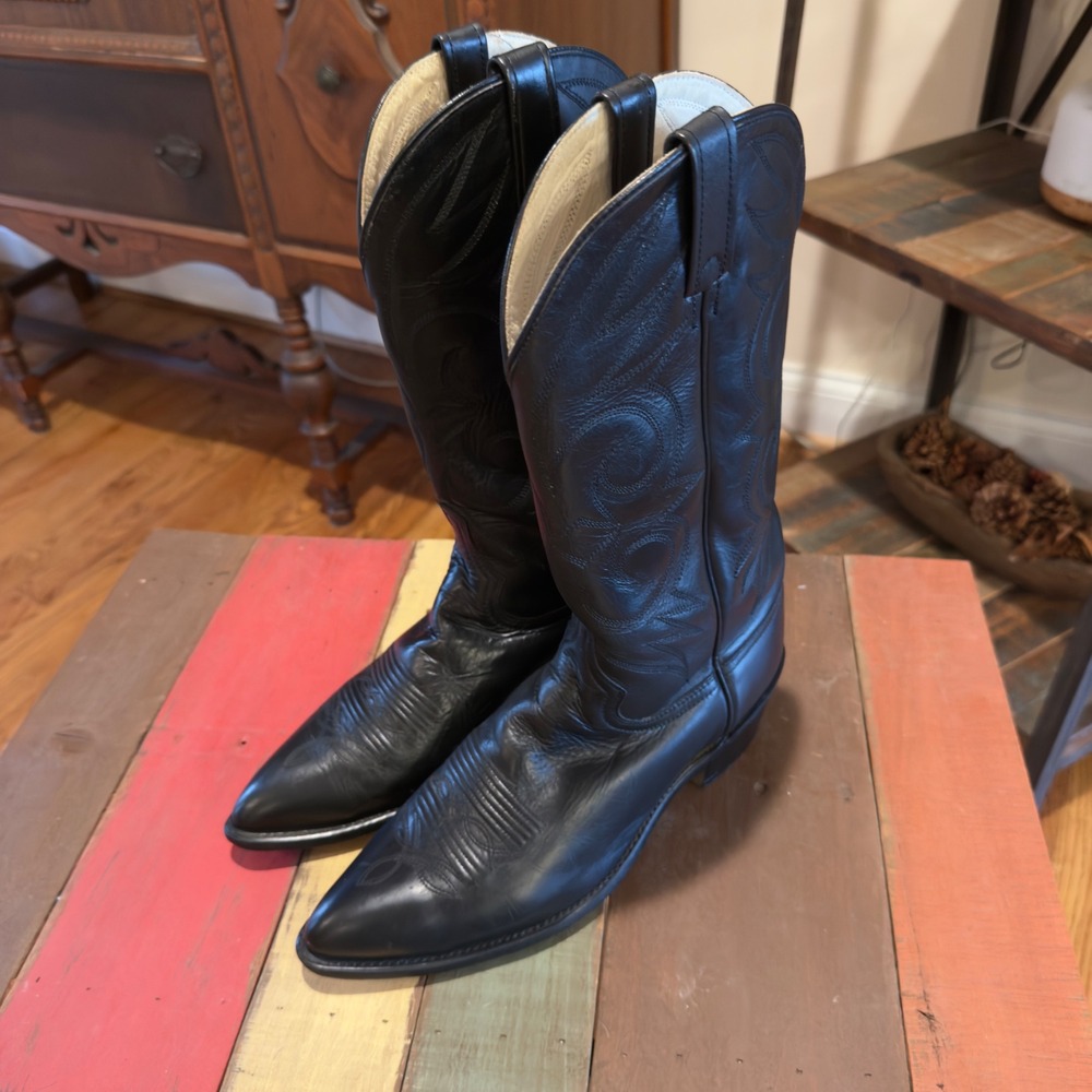 VTG Acme Mens Black Leather Western Cowboy Boots Pointed J Toe Made in USA 16105